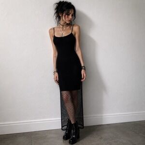 Justify Black Fishnet Mesh Overlay Midi Dress Goth Y2K Grunge Festival Size XS S